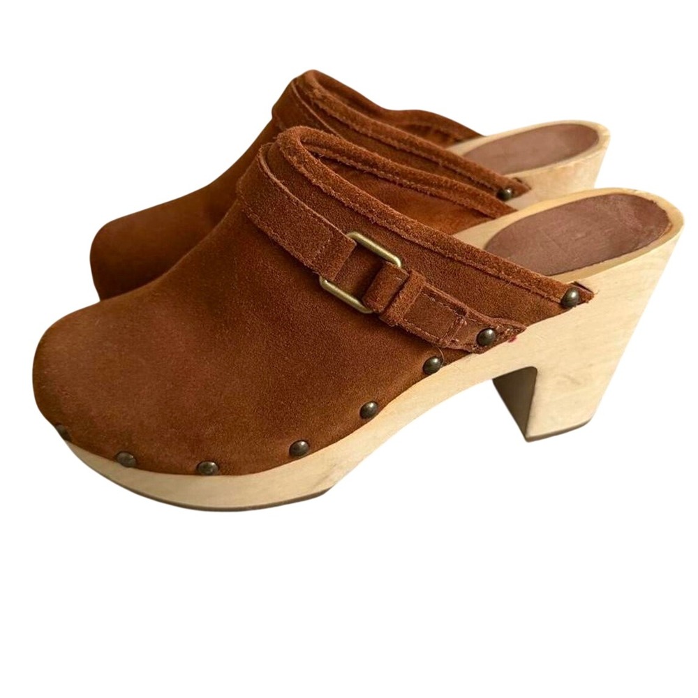 Gap Chocolate Brown Suede Studded Wooden Clog Mules Boho Western 8.5 US 39.5 EUR
